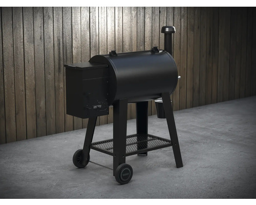 Zwarte pelletgrill met rookovenfunctie op wielen