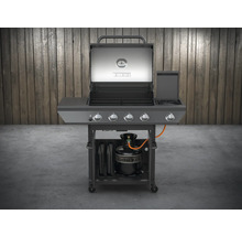Gasbarbecue met open deksel en gasfles op de onderste plank