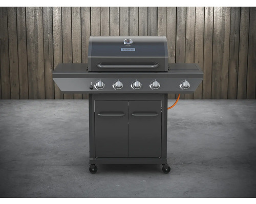 Donkergrijze gasbarbecue met vier branders, dubbele deur en wielen