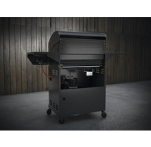 Zwarte gasbarbecue met bijzettafels en wielen