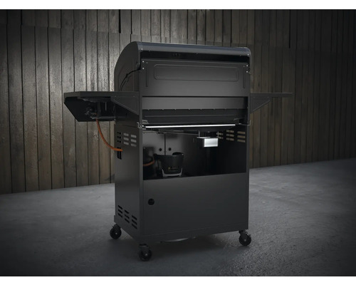 Zwarte gasbarbecue met bijzettafels en wielen