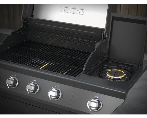 Tennekers gasbarbecue met open deksel en zijbrander