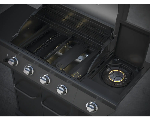 Gasbarbecue met open deksel en zijbrander