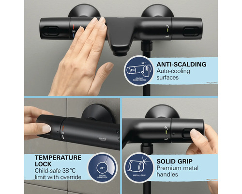 Grohe kraan met temperatuurregelaar, anti-verbrandingsbeveiliging, kinderbeveiliging en metalen handgrepen