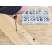 Iemand schroeft een schroef met een schroevendraaier in een houten plank, naast een assortimentsdoos met schroeven.