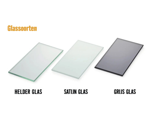 Drie glassoorten: helder glas, satijnglas en grijs glas