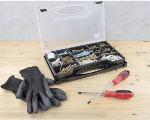 Assortimentsdoos met schroeven, pluggen, schroevendraaiers en handschoenen
