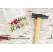 Hamer, schroevendraaier en sorteerdoos met schroeven, pluggen, spijkers, punaises en paperclips op een houten oppervlak