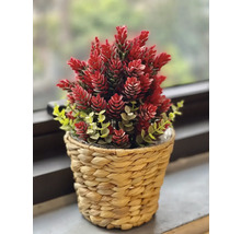 Kunstplant met rode bloemen in een gevlochten pot