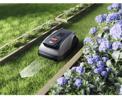 Robotmaaier in tuin met bloemperken en fris gras