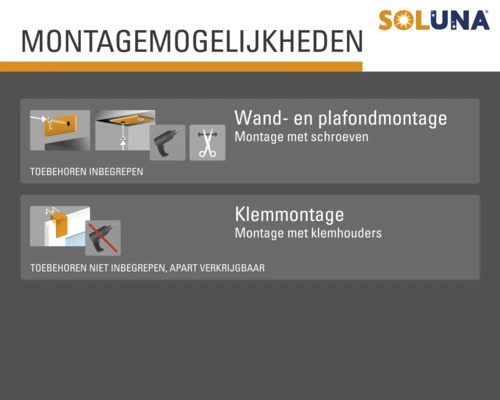 Montage mogelijkheden voor wand en plafond met schroeven of klemhouders