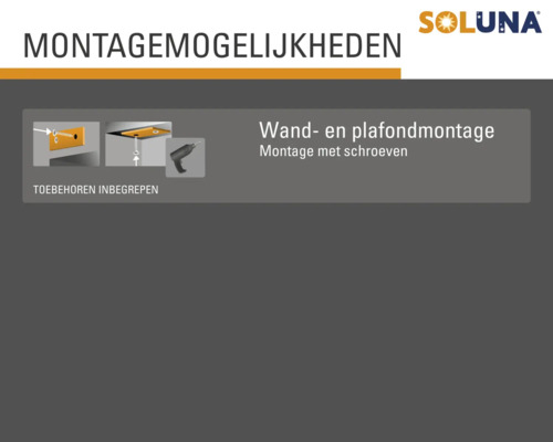 Montage-instructies voor wand- en plafondmontage met schroeven, Soluna Logo