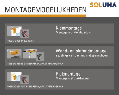Soluna montageoverzicht met klem-, wand-, plafond- en plakmontage