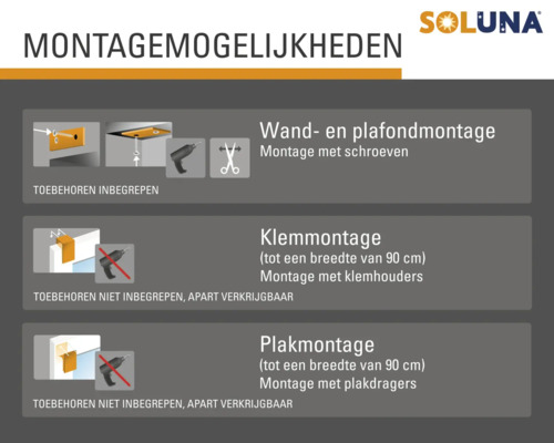 Soluna montageoverzicht met wand-, plafond-, klem- en plakmontage