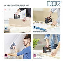 Toepassingsvoorbeelden voor de Novus J-17 handtacker: Bekleden, opspannen van fotolijsten, isoleren van zolders en bevestigen van folie.