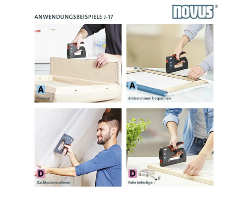 Toepassingsvoorbeelden voor de Novus J-17 handtacker: Bekleden, opspannen van fotolijsten, isoleren van zolders en bevestigen van folie.