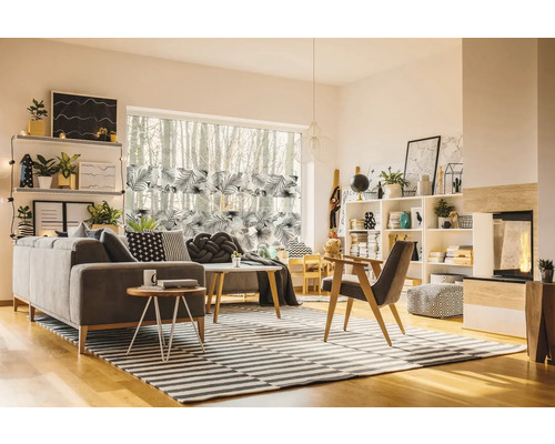 Woonkamer met bank, planken, raam en gestreept tapijt