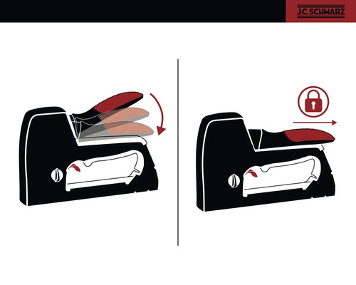 Afbeelding van een veiligheidsfunctie van een tacker. Het slotpictogram geeft een vergrendelde positie aan.