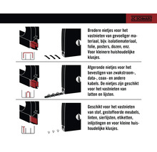 Illustratie van nietjes voor verschillende toepassingen zoals isolatiemateriaal, kabels en stoffering.
