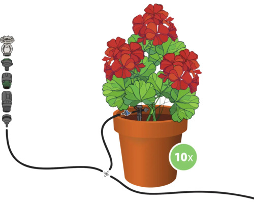 Bloempot met rode geranium en irrigatiesysteem