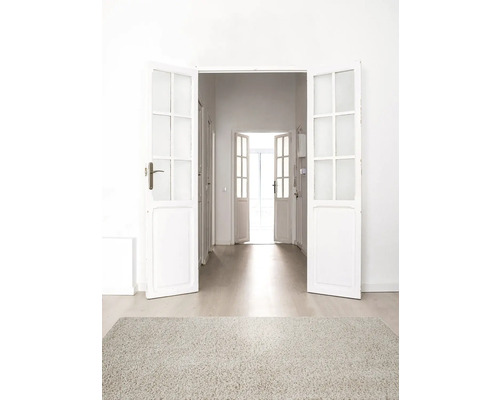Lichte gang met openstaande, witte openslaande deuren en een vloerkleed.
