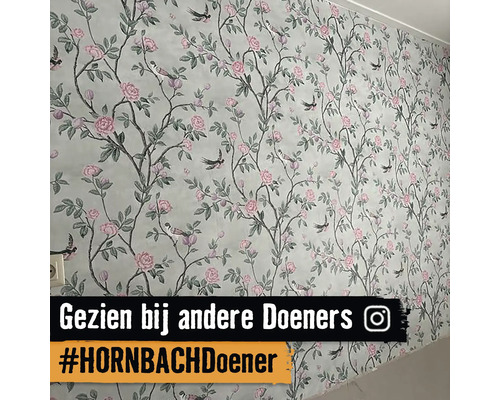 Behang met bloemmotief met rozen en vogels