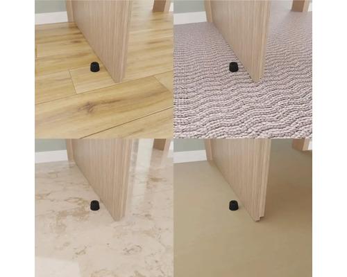 Collage met deurstopper op laminaat, tapijt, tegels en PVC-vloer