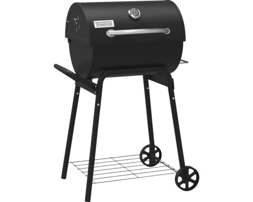 Zwarte houtskoolbarbecue met wielen en thermometer