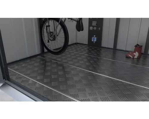 Interieur van een opbergbox met aluminium bodem, fiets en laars