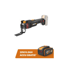 Worx Sonicrafter accu-multitool met zaagblad inclusief een gratis 20 Volt 4 Ampère-uur accu.