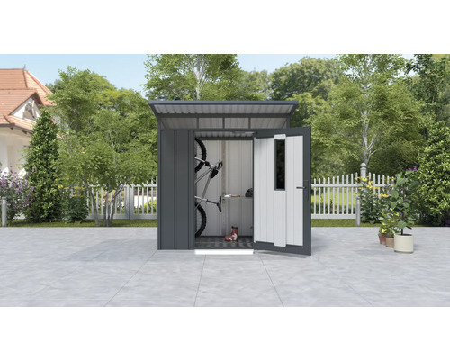 Metalen tuingereedschapsschuur met open deur en fietsen