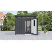 Tuinhuis met open deur, plank en tuingereedschap