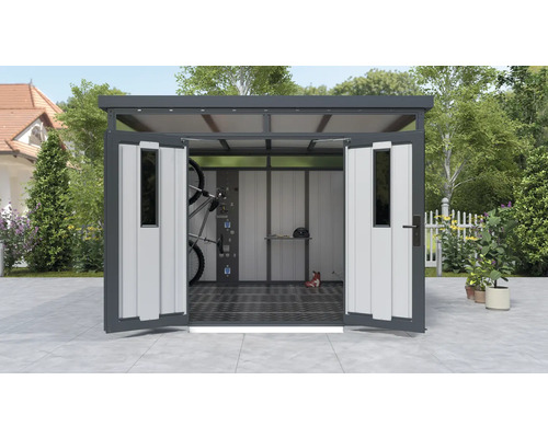 Metalen tuinhuis met open deuren, fiets en opbergsysteem