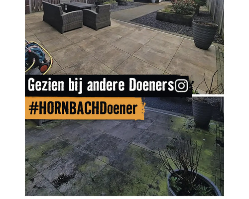 Voor- en navergelijking van een terrasreiniging met een hogedrukreiniger op een stenen terras