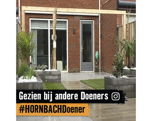 Buitenaanzicht van een huis met terras, planten en houten balkenconstructie
