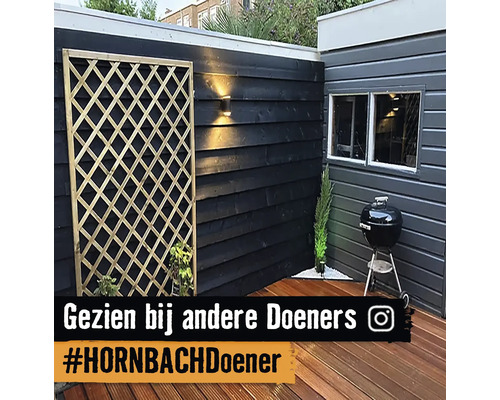 Aangelegde tuin met houten schutting, klimrek en barbecue