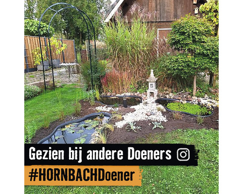 Tuinscene met vijver, planten en decoraties.