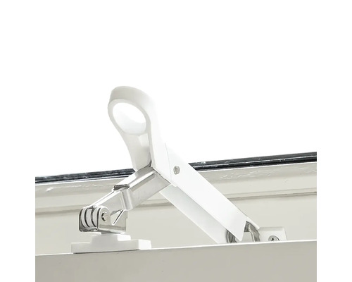 Kantelbegrenzer van metaal en kunststof, gemonteerd op een raamkozijn