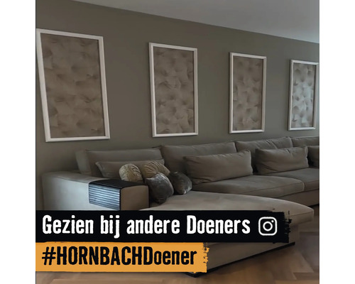 Woonkamer met grijze bank en ingelijste muurschilderingen