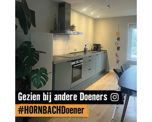 Keukenoverzicht met keukenblok, afzuigkap en tafel