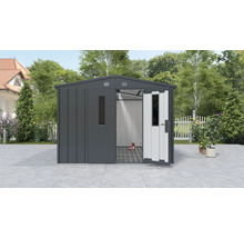 Tuinhuis met open deuren op een terras in de tuin