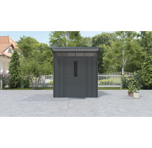 Metalen tuinhuis met deur en raam in de tuin