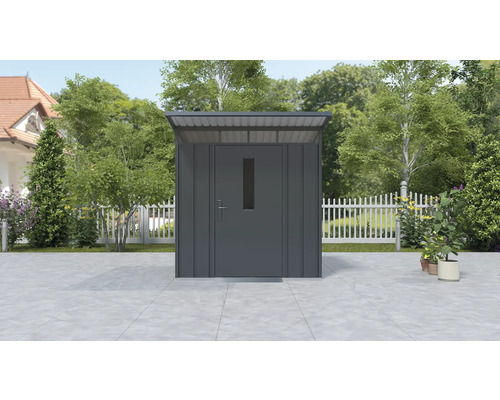 Metalen tuinhuis met deur en raam in de tuin