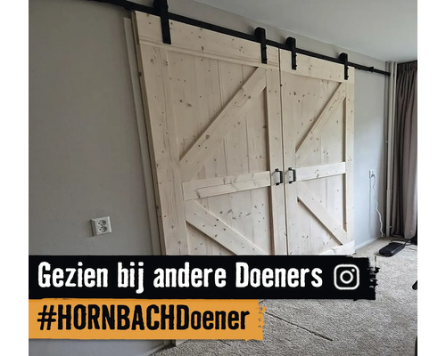 Houten dubbele schuifdeur met zwarte rail in interieur