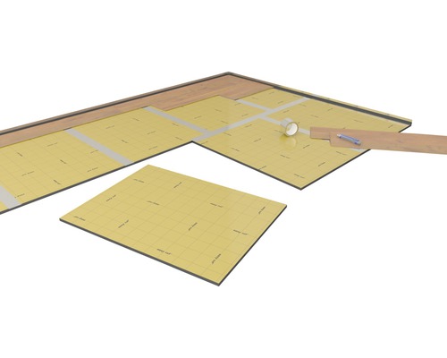 Vloerinstallatie met isolerende onderlaag, tape, laminaat en stanleymes.