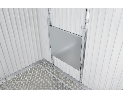 Gedetailleerde weergave van een tuinhuis met bodemplaat en wandpanelen.