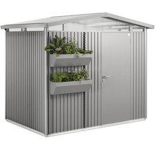 Metalen tuinhuis met deur en beplante wandbakken