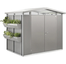Metalen tuinhuis met plantenbakken
