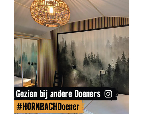 Interieurontwerp met een fotobehang met bosmotief, een hanglamp van rotan en wandpanelen.