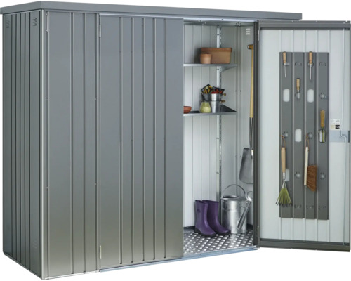 Metalen tuinkast met planken en gereedschap